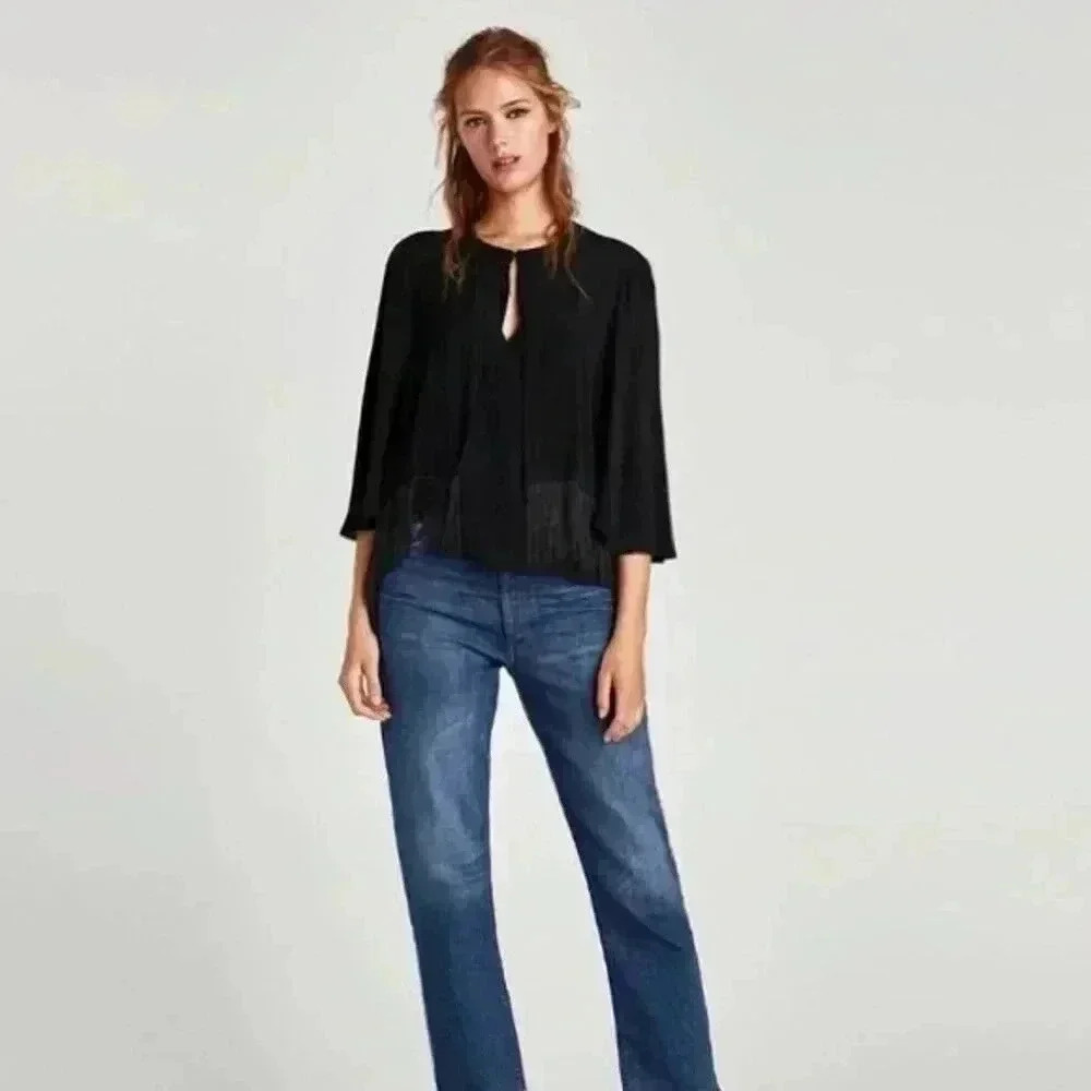 Zara Woman Black Fringe Trim Flutter Sleeve Top M